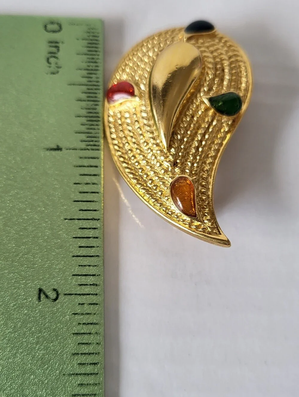 Vintage Avon Gold-Tone Leaf Brooch with Red Green Blue and Amber Accents